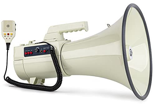 HornPro Megaphone 75 Watt Siren Bullhorn - Bullhorn Speaker w/Detachable Microphone, Built-in USB/SD/AUX- Professional Outdoor Voice for Police & Cheerleading(White)