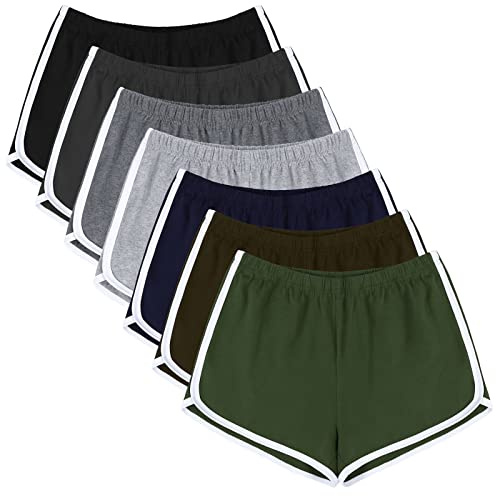 URATOT Lot de 7 Shorts de Sport en Coton Respirant pour Femme, Vert Olive foncé, Gris Clair, Kaki foncé, Bleu Marine, Couleurs mélangées, Taille M