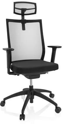 hjh OFFICE 657633 Bürostuhl ergonomisch Aspen White PRO Schreibtischstuhl mit Verstellbarer Kopfstütze, Netzrücken, Stoff Schwarz