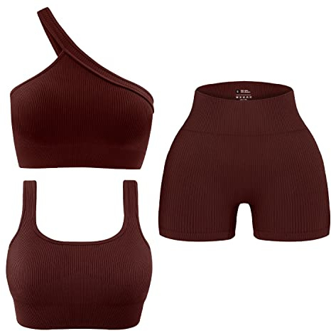 OLCHEE Womens 3 Piece Workout Sets - Seamless Ribbed Yoga Outfits Sports Bra One Shoulder Top and Biker Shorts - Brown Large