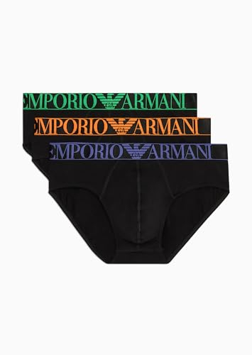 EMPORIO ARMANI Men's Stretch Cotton Shiny Logoband 3-Pack Brief, Black/Black/Black, M