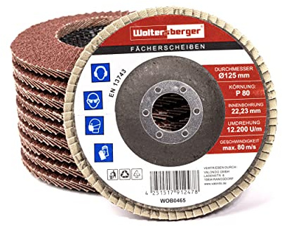 Woltersberger® SET mit 10 Stück Fächerscheiben Ø 125mm | je 2 x Körnung P40, P60, P80, P100, P120 | Braun für Metall & Holz Korund Winkelschleifer Schleifmop Lamellenscheiben Schleifscheiben