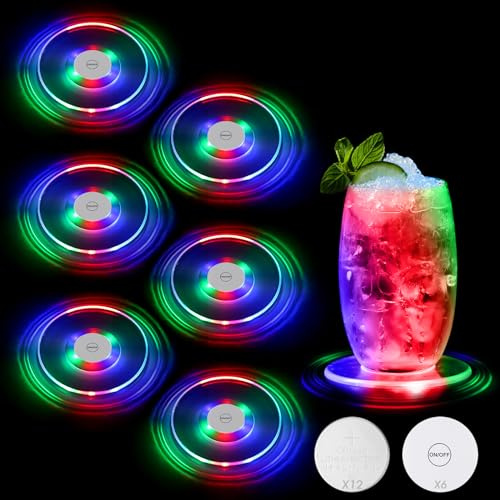 JIZZU Dessous de Verre Lumineux LED, 6 Pièces Dessous de Bouteille Lumineux Transparent Rond 10cm, 3 Modes d'éclairage, Convient pour Boissons, Fête Mariage Bar-Coloré