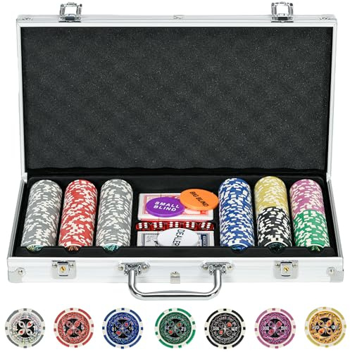 SPORTNOW Set di Fiches Poker 300 Fiches da Gioco 11.5g, 5 Dadi, Argento