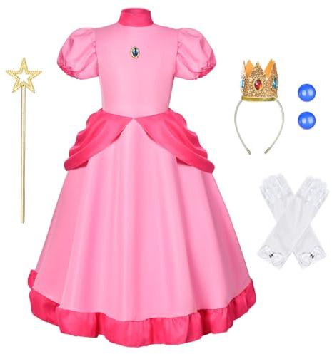 Aomig Peach Princesse Déguisement Enfant, Rose Peach Robe de Soirée Cosplay Halloween Costume, Peach Princess Costume Dress Fille Costume Princesse Peach Halloween Carnaval Noël Anniversaire Fête(110)