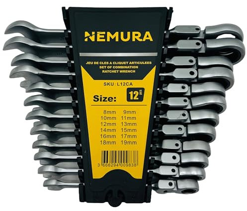 Nemura Coffret cliquet articulées de 12 pcs 8-19mm - Acier Chrome Vanadium - Livrées avec un Support de Rangement - Coffret cles Outils bricolage - Qualité Professionnelle -Marque Française