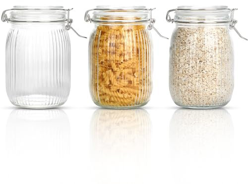 Ezvsevuo 3 Tarros de Cristal con Tapa 1 Litro Bote Cristal Hermetico, Tarros Cristal Conservas de Clip, Grande Botes Especias, Botes Cocina Almacenaje para Pasta, Mermelada, Cereales, Encurtidos