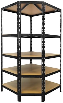 Étagère d'angle en métal KARAT| Étagère de Rangement pour Charges Lourdes| Étagère à emboîtement Charge Max. 875 kg| Étagère d'atelier Robust, Montage Facile, 5 tablettes (Noir 180 x 90 x 42 x 60 cm)