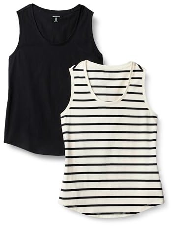 Amazon Essentials Top Sin Mangas 100% Algodón de Corte Estándar Mujer, Pack de 2, Mariner Rayas/Negro, L