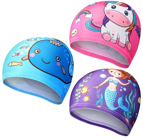 Geyoga 3 Pcs Kids Swim Caps for Boys Girls Age 2-12 Swimming Hat Pool Cap Child Swim Hat for Toddler Youth (Vibrant Style)