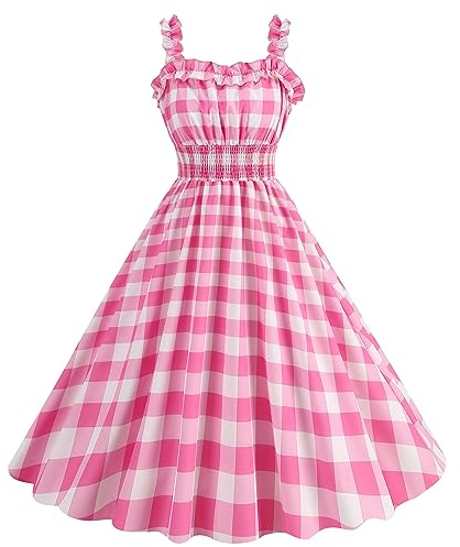 Yimuzche - Vestido de noche de cóctel vintage de enrejado rosa pin-up vestido de mujer retro Rockabilly años 50 sexy falda ocio boda fiesta ceremonia, c, M