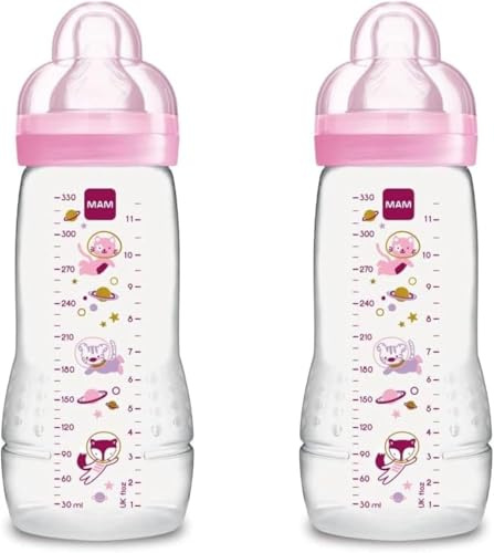 MAM Biberon Easy Active Baby Bottle 330 ml (Set da 2), Kit da 2 biberon MAM per bambini attivi ergonomici e pratici, Accessori neonato 4+ mesi allattamento con tettarella misura 3, Rosa assortito