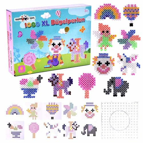 Lot de 1000 perles à repasser Maxi XL 10 mm avec plaque enfichable et 10 motifs de loisirs créatifs et 3 papiers à repasser. Kit de perles créatives pour enfants à partir de 3 ans (ensemble parc de