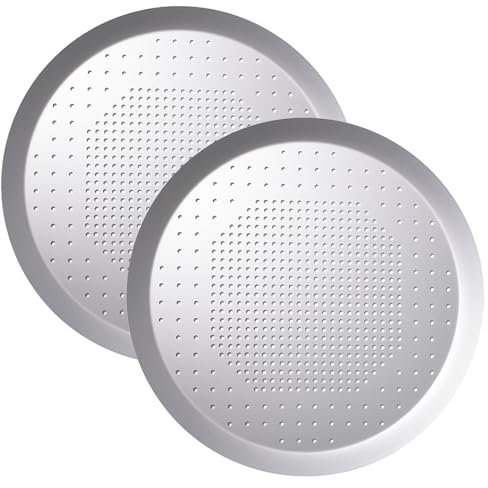 Auddemg Perforierte Pizzablech Rund Ø 25,5 cm, 2er Set, Pizza Backblech aus Eloxiertem Aluminium, unbeschichtet, Silber