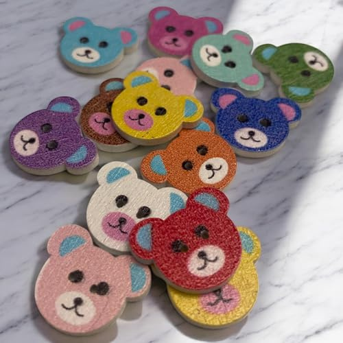 KnitForLess 12Pcs Wooden Teddy Bear Buttons Mixed Colours for Baby Childrens Cardigans Knitting Hole 18x15mm - Novelty Craft Buttons for Sewing and Crafting 2 Hole
