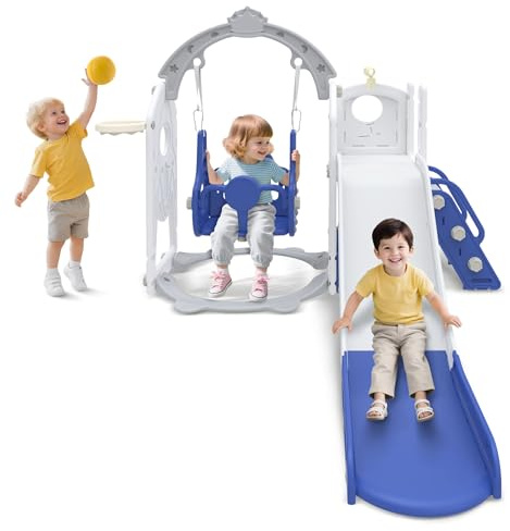 Froadp Scivolo 6 in 1 per bambini a partire da 1 anno, per interni ed esterni, in HDPE e PP, con altalena, scaletta per arrampicata, spazio di archiviazione, cestino da basket e telescopio da gioco