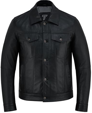 Texpeed Mens Casual Buttoned Leather Shirt Jacket - Real Genuine Soft Touch Sheepskin Biker Motorcycle Style Leather - Black - M