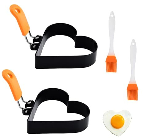 2 stycken stekta äggformar, pannkaksform, stekta äggformar för pannan, stekt äggform, hjärtformad äggringar med vikbara handtag, äggring i rostfritt stål för äggpanna, utrustad med borste