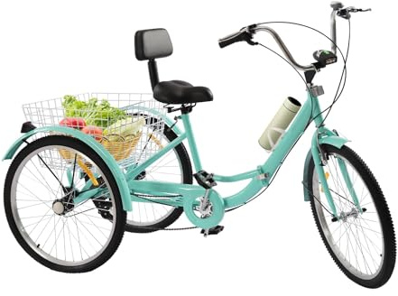 Promachineory Triciclo 3 ruedas bicicleta 24 pulgadas plegable Triciclo 7 velocidades con cesta y luz LED para adultos - turquesa