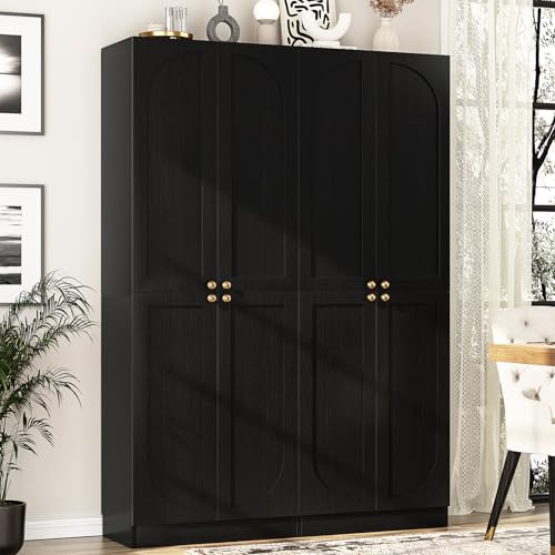 Cyclysio 80 Kitchen Pantry, Extra Tall Arch Storage Cabinet with 8 Doors and Adjustable Shelves, Freestanding Wood Cupboard with Seamless Fit Wall for Dining Living Room Bathroom Furniture