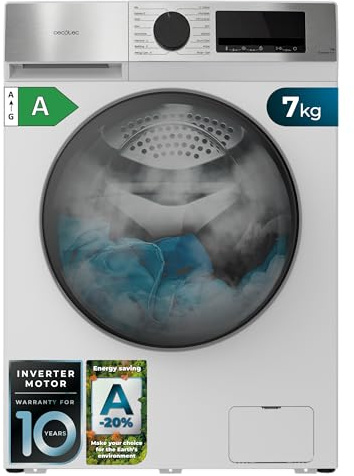 Cecotec Lavadora Carga Frontal 7Kg Bolero DressCode 7450 Inverter. 1850W, 1200 rpm, Clase A-10%, Bajo Consumo, 16 programas, Panel Inox, Allergy Care, Pearl Drum, Función Silence, KidLock, Blanco