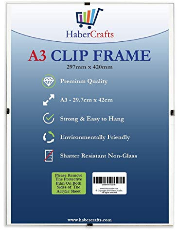 Cadre photo A3 à clipser - Cadre photo mural en verre solide sans cadre transparent - Cadre léger pour affiches, certificats, photographies, bandes dessinées - 297 mm x 420 mm