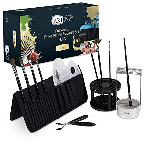 Artina ELBA Pinselset - Malset mit Pinsel, Malspachtel und Pinseltasche - Behälter und Pinselwanne - Malpinselset - für Künstler