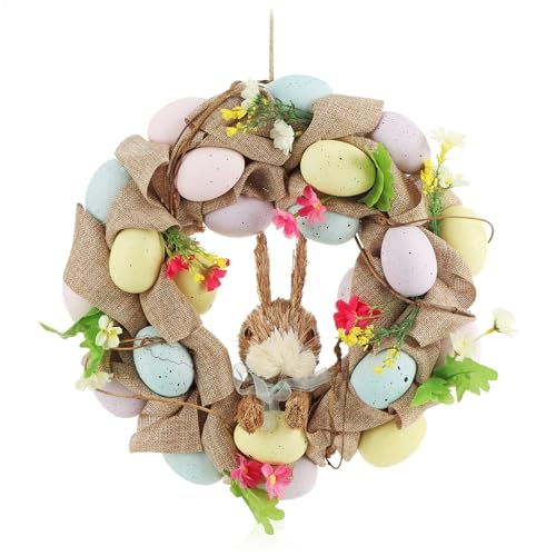 COM-FOUR® Corona di Pasqua con uova di Pasqua e coniglietto di Pasqua, ghirlanda decorativa per porte con gancio, ghirlanda primaverile
