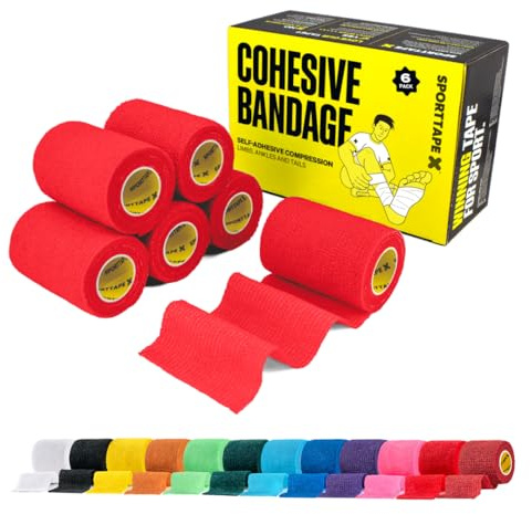 SPORTTAPE 6 Rolls Self-Adhesive Cohesive Bandage, 7.5cm x 4.5m, Red | Compression & Vet Wrap for Dogs, Horses, Sports Stretch Tape for Football, Ankles, Joints, Fingers, Wrists & Sock Tape