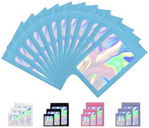 Rimiko 100 Piezas de Bolsa Aluminio Resellable, Bolsa Mylar Hermética para Alimentos, Bolsas Planas Ziplock con Ventana Transparente para el Embalaje de Productos (Azul y Holográfico, 8x13cm)