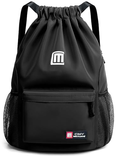 Tesmien Drawstring Bags,Waterproof Swimming Bags Unisex Sports Backpacks for Kids Adult, Large Drawstring Sackpacks Bags for School Gym Sports Travel Swimming-Black
