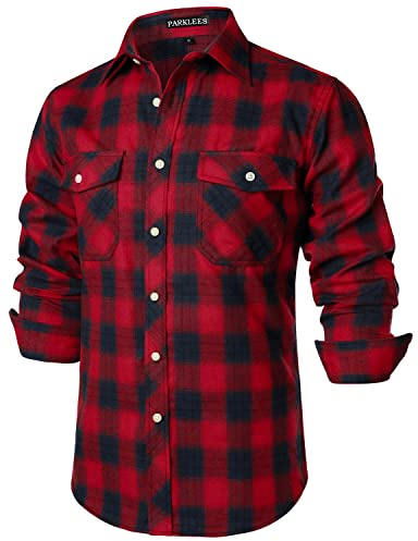 PARKLEES Chemises décontractées pour homme, coupe droite, boutonnées, à carreaux, en flanelle avec poches, Rouge marine., L