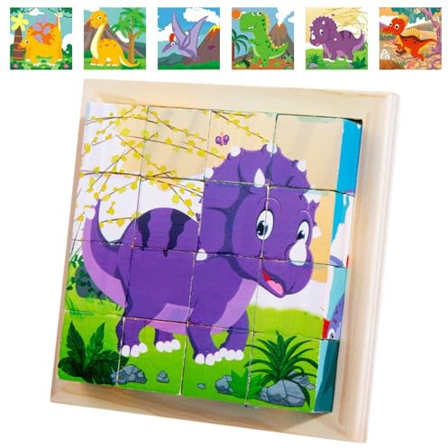 Cubo de Imágenes de Madera, Rompecabezas de Dados 3D 6 en 1, Motivos de Dinosaurios Con 16 Dados, Juguetes Montessori para Niños de 1 a 4 Años