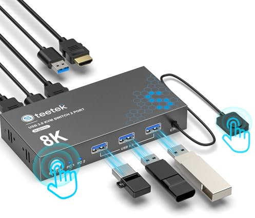 USB 3.0 HDMI KVM Switch 1 Monitor 2 Computers, 8K@60Hz KVM Switches for 2 Computers Sharing Monitor Keyboard Mouse Hard Drives Printer,with EDID Adaptive,2*USB Cable and Controller.