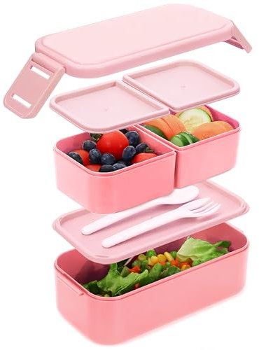 Bugucat Bento Lunch Box 1300ML - 2 in 1 Stackable 2 Layer 3 Compartments Leak Proof for Adults Kids - Snack Box With Compartments for School Office Camping Pink