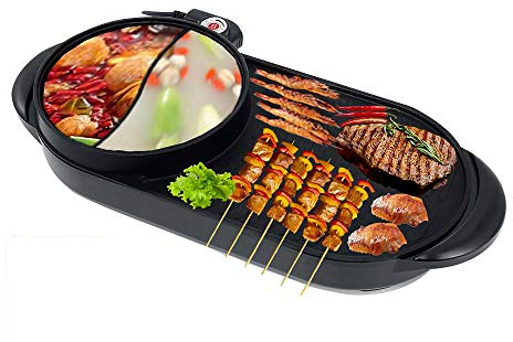 2 In 1 Electric Grill Hot Pot - Portable Multifunctional Cooker for BBQ, Hot Pot, and Grilling - Double Pot Electric Barbecue and Baking Pan - Integrated Cooker for Home or Outdoor Use