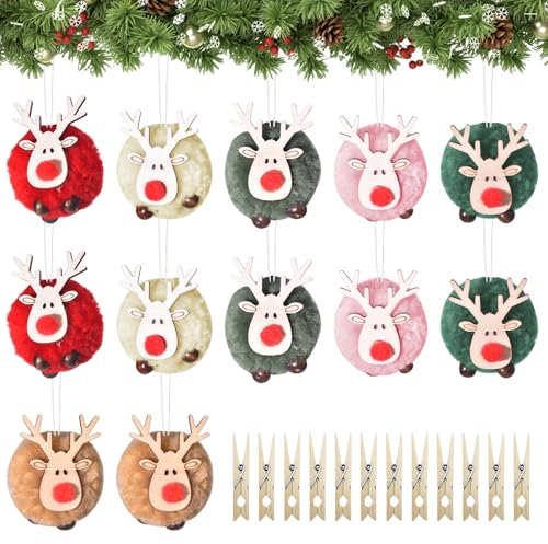 Ciondolo Alce Di Natale, 12 Pezzi Addobbi Albero Di Natale, Peluche in Legno Addobbi per Albero Di Natale, Pendenti Albero Di Natale Clip in Legno per Decorazioni Natalizie Fai-Da-Te, Feste Natalizie
