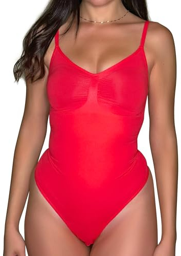 Mama Stuff SlimSkins – Kroppsformande Tanga Body för Kvinnor | Shapewear med Magkontroll, Platt Mage Effekt & Sömlös Design | Osynlig, Bekväm & Justerbar (Röd, XL/XXL)