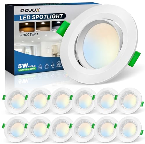 Spot LED Encastrable, Orientable Spot LED Extra Plat Dimmable 5W 450lm, Spots de Plafond 3000K 4000K 6000K, Trou 68-80mm 230V Plafonnier Encastré Pour Salle de Bain Cuisine Salon Couloir, Lot de 12