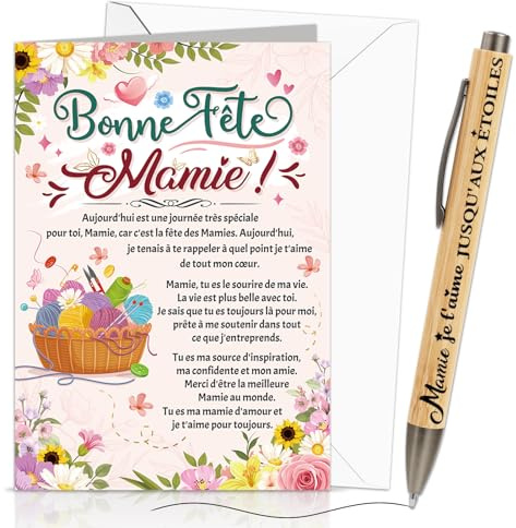 DPKOW Original Cadeau Mamie Stylo Carte avec Enveloppe Fête des Grand-Mère Cadeau, Bonne Fête Mamie Carte de Vœux, Stylo Bille Mamie Je t'Aime Encre Noire, avec Sacs