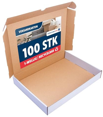 VERPACKUNGSFUXX Maxibriefkarton 350 x 250 x 50 mm weiß | 100 Stück DIN A4 Versandkarton für Warensendungen | Verpackungsmaterial 35x25x5 cm BüWa Karton DHL geeignet