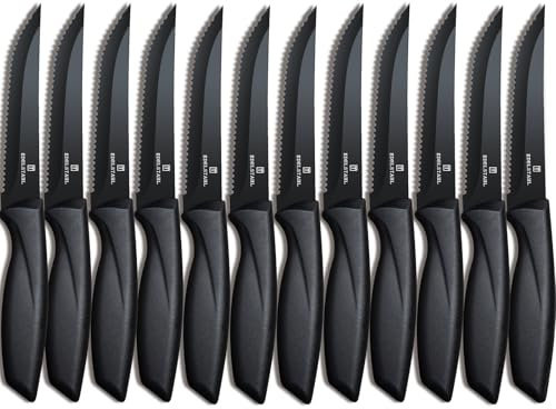 targzier Couteaux à Steak Set de 12,Professionnel Couteau Cuisine, Couteau Steak dentelé en Acier Inoxydable,Durable Couteau de Table,Couteaux et Ustensiles de Cuisine,Noir Ustensile Cuisine