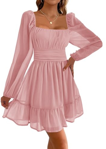 Imily Bela Abiti da donna con scollo quadrato, abito da festa in mesh, mini abito a vita alta con pieghe, a maniche lunghe, da invitata a nozze con volant, Colore: rosa., S