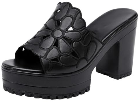 Pantofole da donna con tacco alto e plateau, punta aperta, tacco largo, sandali neri con fiore traforato, Nero , 40 EU