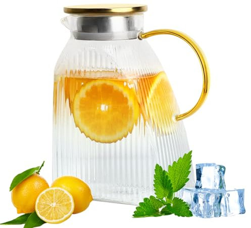 WEXFFU Carafe à eau pour porte de réfrigérateur, carafe avec couvercle, 1,8 l, pichet à eau avec couvercle en acier inoxydable pour eau chaude/froide, carafe en verre pour jus maison, thé, café, lait