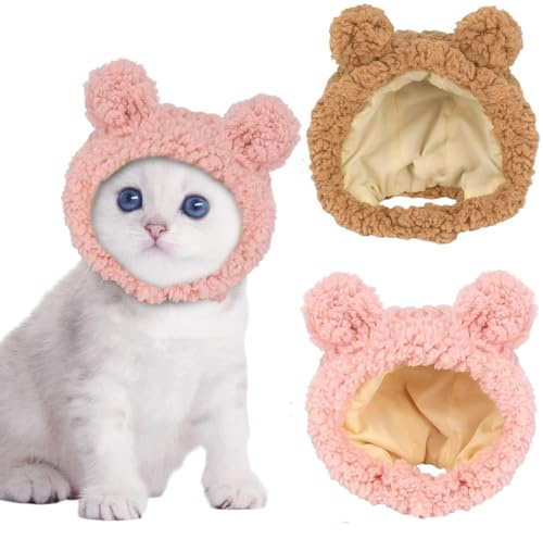 2 pezzi Cappello divertente per gatti, cappello caldo per orsi, cappello invernale per gatti carino, cappello regolabile per cani, morbido e confortevole per piccoli animali domestici (rosa, marrone)
