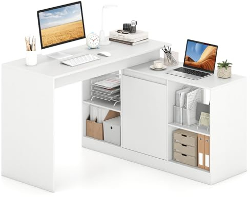 COSTWAY Schreibtisch L Form Reversible, 120 x 120 cm Eckschreibtisch mit 2-Wege-Schrank & 4 Fächern, moderner Computertisch, Bürotisch aus Holz für Arbeitszimmer, Büro & Homeoffice, Weiß