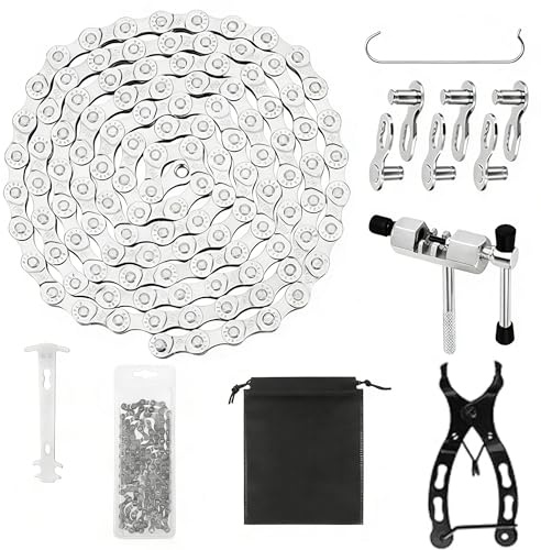 Fahrradkette Werkzeug,6/7/8 Fach Fahrrad Kette – 116 Glieder (1/2 x 3/32), Kettenhaken, Kettenauspresser, Verschleißlehre & 3 Master Links – Ideal für Mountainbike & Rennrad