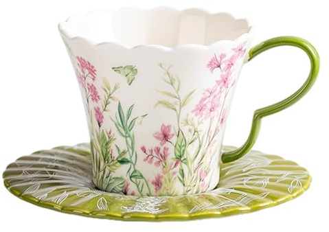 OHAANYY Tazza da caffè in porcellana con piattino, 260 ml, in ceramica, per cappuccino, latte, tè, elegante motivo floreale e farfalla, 1 tazza + 1 piattino (GREEN)