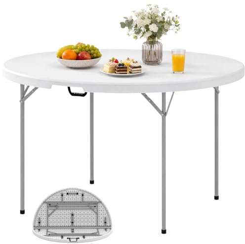 Outsunny Mesa Plegable Camping Portátil Ligera HDPE 120x120x74 cm Blanco | Mesa Plegable, Almohadillas Antideslizantes, Marco Metálico, para Acampar, Senderismo, Playa